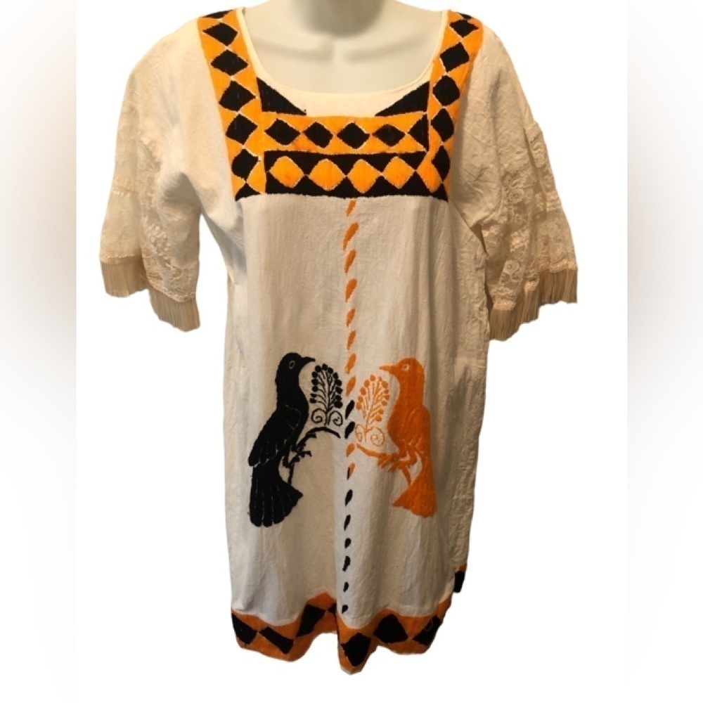 VTG Handmade Cotton Shift Dress Sz. S Embroidered Birds Lace Fringe Halloween